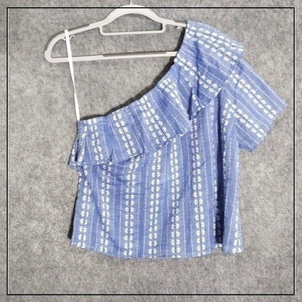Madewell Top‎ Women S Blue One Shoulder Floral Stripe Cotton Boho Ruffle Blouse